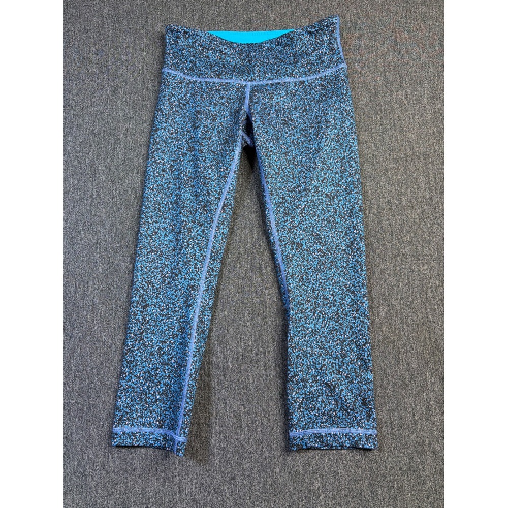 Lululemon Wunder Under Crop Leggings Blue‎ Black Micro Dot Print Size 6